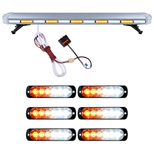 Astra Depot Set 51 inch Amber White 96-LED Warning Emergency Beacon Strobe Light Bar with 6pcs Ultra Slim 6-LED Hazard Flashing Dask Deck Grille Lamp 12V-24V
