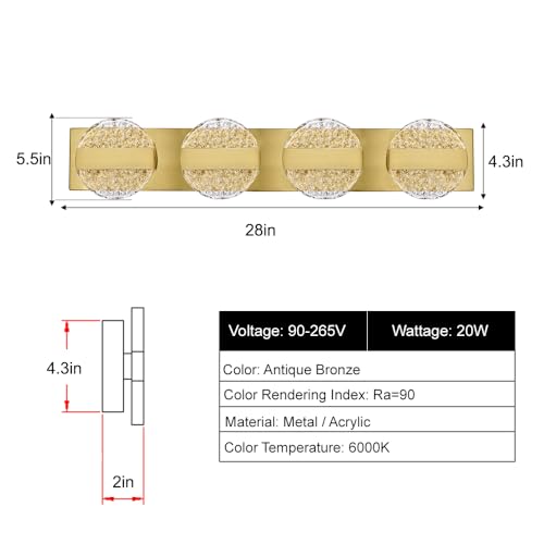 Image of Luxury Brushed Gold Bathroom Vanity Light with High CRI 90+ LED for True Colors, 20W 6000K Cool White Modern Bathroom Lights Fixture Over Mirror for Makeup & Shaving