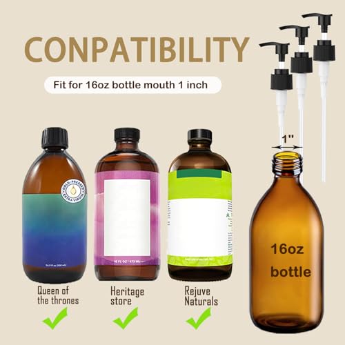 3 Pack Pump Dispenser Compatible with Queen of Thrones & Heritage Castor Oil & Rejuvenaturals, Plastic Pump for 16oz Bottle-1'' Mouth, Queen Dispenser with Empty Mascara Tube (Oil not Included3