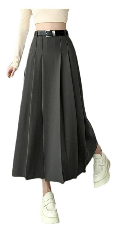 Women's Vintage Pleated Midi Skirt High Waist Solid A Line Loose Office Casual Skirt