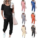 Damen Sportbekleidung Pocket Jogginghose Sets Pure Color Kurzarm Leisure Sports Home Set