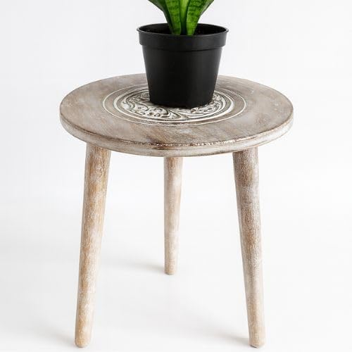 Image of JAL HANDICRAFTS Wooden Three Legs Round Coffee Table and Side Table with Pillars for Plant Holder Natural Plants, Books, and Magazines in Compact Spaces (White Wash)