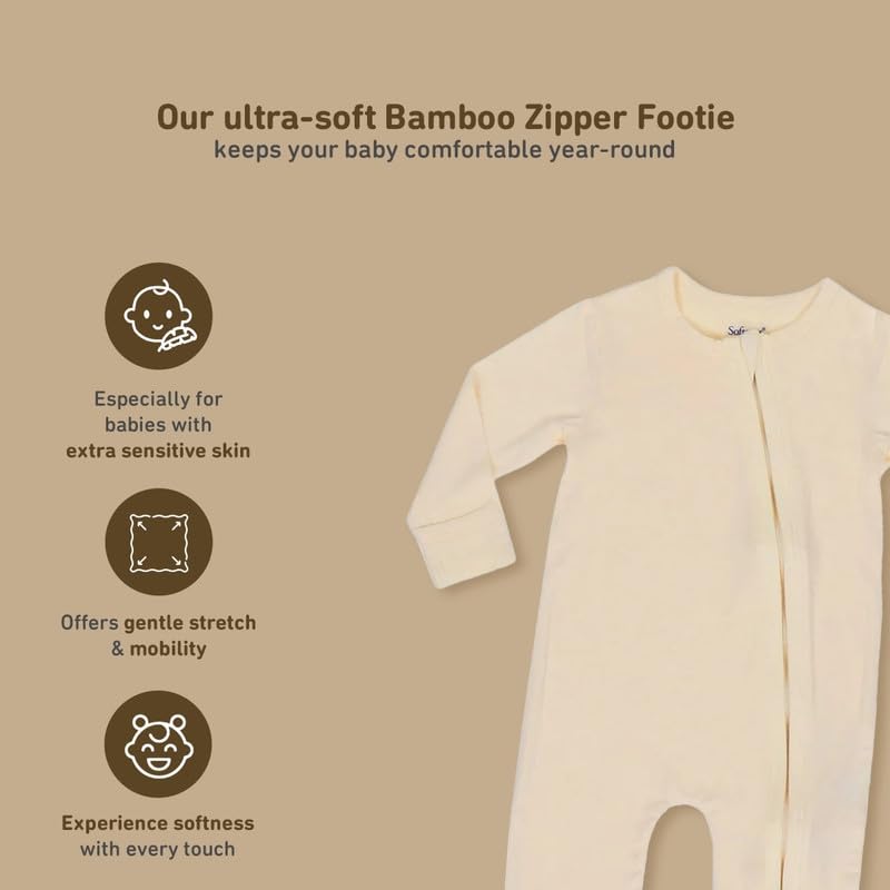 Softsens Baby Bamboo Zipper Footie | Ultra-Soft Bamboo Fabric | Breathable & Thermoregulating | Baby Sleepsuit, Romper, & Kidsuit Buttercream | (9-12M, Off-White) - Image 3 thumbnail