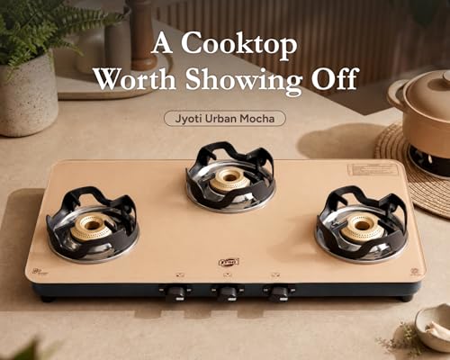 Jyoti Urban Mocha 3 Burner Gas Stove Glass Top | Direct Flame Forged Brass Burners | Beige Toughened Glass with 5-Year Manufacturer Warranty | Easy... - Image 2