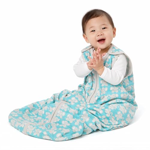 Image of Baby Deedee Sleep Nest Lite - Cotton Sleep Sack 0.6 TOG 0-6M Elephant | Patented shoulder snaps and full-length zipper support easy dressing and diaper changes for warmer routines