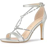 Allegra K Women's Rhinestone Knot Strap Stiletto Silver Heels Sandals 10 M US