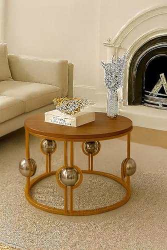 Image of Marble Look Coffee Table, Round Accent Metal Center Table with Golden Metal Golden Brown