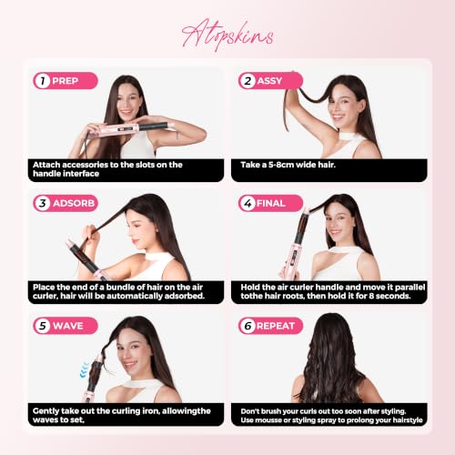 Image of Atopskins 5 in 1 Blow Dryer Brush Set, 1000W Hot Air Styler with Auto-Wrap Curler & LED Temp Display, Negative Ion Hair Dryer Brush for Straightening, Volumizing & Curling - Pink