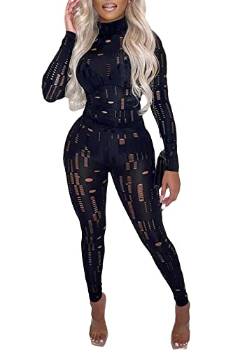 Meslima Women's Fashion Solid Color Clubwear Long Sleeved Pullover And Stretch Pants Holes 2 Piece Outfits Black, S #TOP18