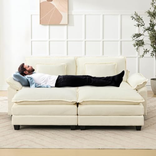 Image of 86 inch Modular Sectional Sofa, Comfy Deep Cloud Couch with Ottoman | Couches for Living Room, Sofa Bed, Modular Couch, Deep and Wide Seat, Chenille Sofa Sleeper with Throw Pillows, Beige White