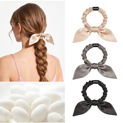 Image of THXSILK 100% Mulberry Silk Bow Scrunchies 3-Pack, 22 Momme Cute Bunny Ear Hair Ties for Women, No Damage Ponytail Holders for Fine Hair, Kawaii Hair Accessories for Girls(Beige, Charcoal, Black)