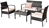 HAPPYGRILL 4 Pieces Patio Furniture Set Rattan Conversation Set Wicker Lawn Table and Chair Set for Lawn Backyard Poolside Balcony Porch