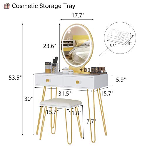 Vanity Table Set with 3 Color Lighted Mirror & Stool, Makeup Dressing Table with Touch Screen Dimming Mirror & 2 Drawers, Wood Modern Bedroom Makeup Desk for Women, Girl, White