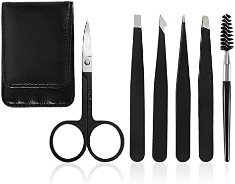 Pinkiou Eyebrow Tweezers Set 6 PCS, Professional Stainless Steel Black Eyebrow Tweezers Kit for Women/Men, Great Precision Tweezers Set for Eyebrow/Ingrown Hair/Facial Hair Remove