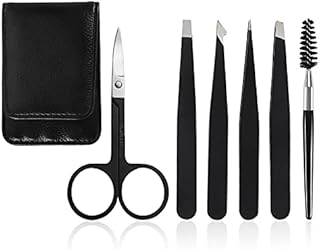 Pinkiou Eyebrow Tweezers Set 6 PCS, Professional Stainless Steel Black Eyebrow Tweezers Kit for Women/Men, Great Precision Tweezers Set for Eyebrow/Ingrown Hair/Facial Hair Remove