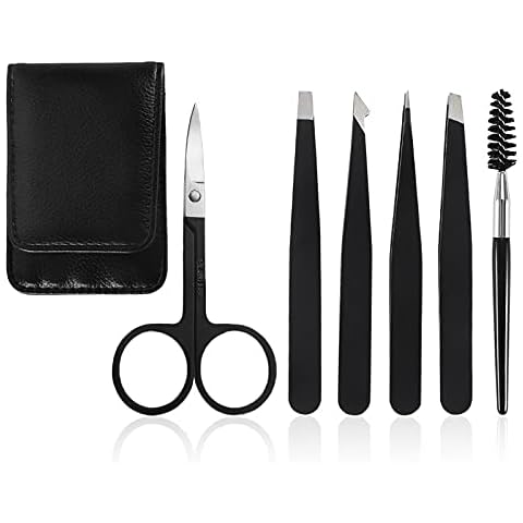 Pinkiou Eyebrow Tweezers Set 6 PCS, Professional Stainless Steel Black Eyebrow Tweezers Kit for Women/Men, Great Precision Tweezers Set for Eyebrow/Ingrown Hair/Facial Hair Remove Cover
