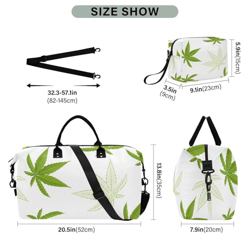 Hemp Leaves on White Duffle Bags for Women Men Waterproof Weekender Overnight Bags Hospital Bag Large Tote Bag with Toiletry Bag for Yoga Gym Travel Sport Hospital3