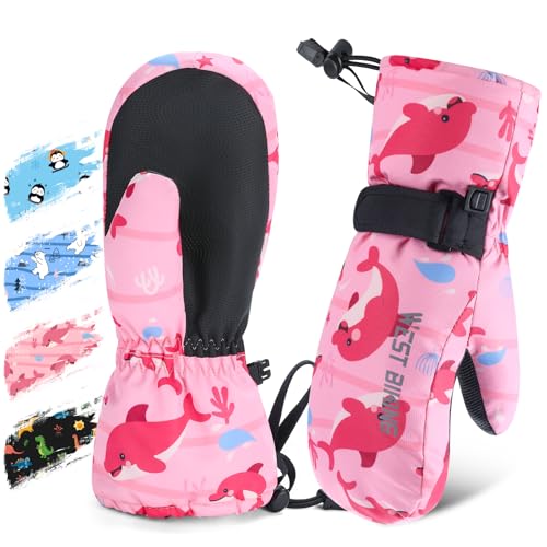 West Biking Kids Ski Mittens Waterproof Snow Insulated Mittens Toddler Winter Ski Snow Gloves with String Boys Girls 4-10