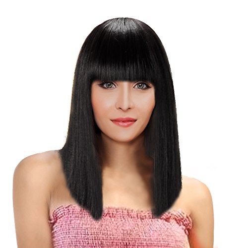 Kalyss Short Straight Blunt Bob Black Wig with Hair Bangs Everyday Collection Premium Yaki Synthetic Full Head Wig with Naturally Bumped Ends Can Shape Face Well Heat Resistant Bob Wig for Women