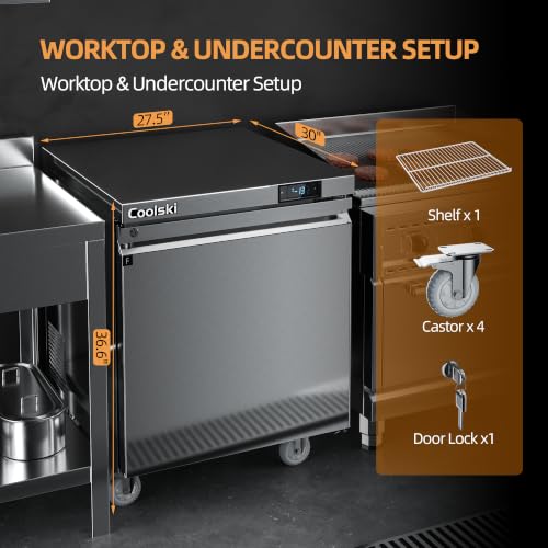 Image of Coolski Commercial Freezer, 27 inchW Single Door Under Counter Freezer with 7.5 Cu.ft., -13℉to -5℉ Stainless Steel Fan Cooling Worktop Freezer for Restaurant, Bar, Kitchen, Food Truck