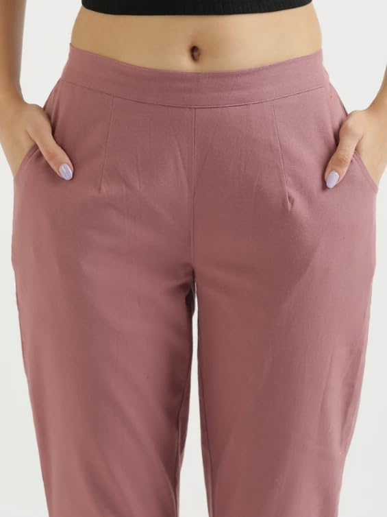 Image of D K W Women's Mid Rise Relaxed Fit Cotton Flex Trousers with Elastic Back & Drawstring - Ideal for Winter, Formal, Office & Casual Wear, Comfortable for Girls and Women