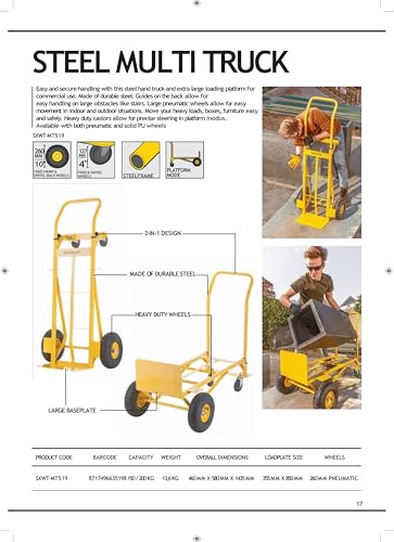 Image of STANLEY SXWT-MT519 2-in-1 Steel Multi Truck,Handtruck (150kg Capacity) & Platform (200kg Capacity),10 inch(260mm) Pneumatic Wheels, Dimensions: 46x58x143.5 cm, Loadplate Dimensions: 35.5x85 cm
