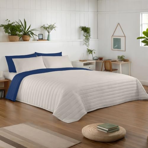 Miniatura 2 de Naturals - Colcha Bouti Reversible Bicolor Cama 180 270x260 Cm Microfibra Extrasuave Cubrecama Acolchado A Líneas Ideal Primavera Y Verano Azul Piedra