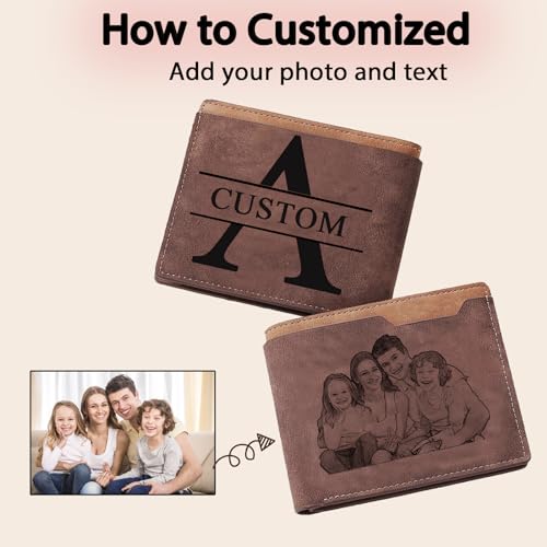 Fathers Day Gift Custom Wallets for Men, Personalized engraved Photo & Name Initials leather Wallets Gifts for Men Dad Husband Boyfriend Son (Dark Brown - 2)2