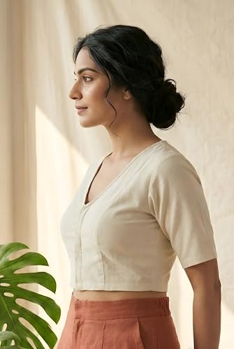 Image of Yash Gallery Women's Stretchable Rayon Lycra V-Neck Short Sleeve Front Open with Hook Stylish Crop Blouse Top for Ethnic Beige Designer Festive Choli Blouse