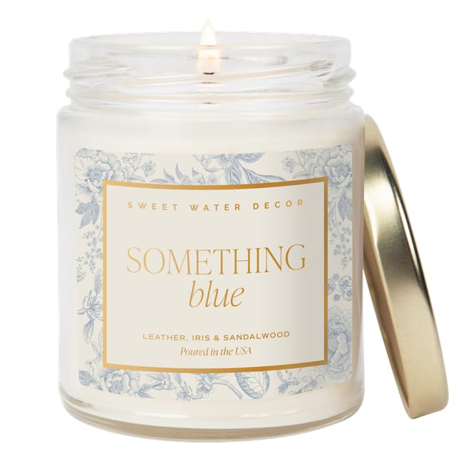 Sweet Water Decor Something Blue Wedding Candle Non-Toxic Soy Wax Leather Iris and Sandalwood Scent for Relaxation Gift for Bride 40 Hours Burn Time - 9oz Gold Lid Clear Jar