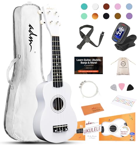 ADM Ukulele for Beginners Hawaiian Wood Ukelele Kit for Kids Adult Student Starter Professional Ukalelee Pack Bundle with Free Lessons Gig Bag Strap Nylon String Tuner (White, 21 Inch)