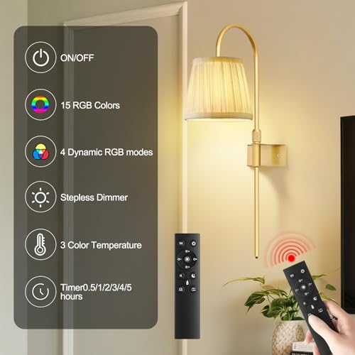 Image of ZECOXOL Vintage Battery Operated Wall Sconces Set of 2, Gold Rechargeable Wireless Wall Lamp Lights with Fabric Lampshade & LED Remote Bulb,Dimmable Flower Wall Sconce for Bedroom Living Room Hallway