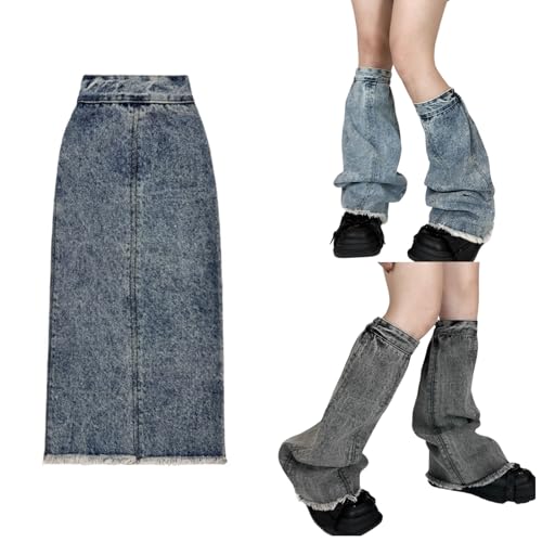 Women Distressed Jeans Leg Warmer Elastic Cuffs Punk Washed Denims Flared Boot Covers Footless Long Socks Streetwear2