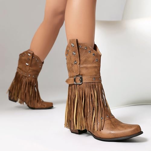 Cowboy Boots for Women Cowgirl with Fringe Star Studded Pointed Toe Chunky Heel Pull-On Western Country Boot4