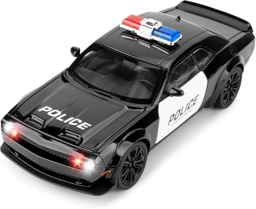 Image of DEOXY Dodge Challenger SRT-Police | 1:24 Scale | Die-Cast Model Metal Pull Back Toy Car For Kids With Openable Doors & Light, Music Toy Vehicle For Kids, Black