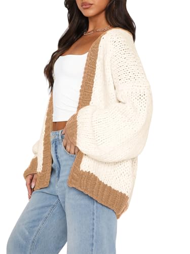 Image of Women's 2025 Fall Long Sleeve Cable Knit Sweater Color Block Open Front Cardigan Chunky Loose Outerwear Coats