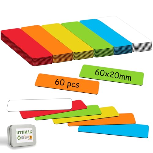 60 Stück Magnetetiketten Beschreibbar 60x20mm Magnetstreifen Beschreibbar Bunt Abwischbare Magnetschilder Magnet Etiketten für Whiteboards Kühlschränke Magnettafeln Klassenraum