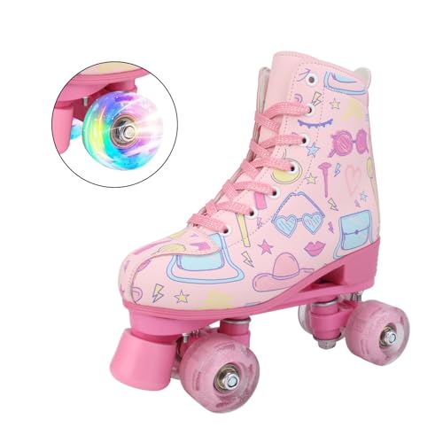 Gets Roller Skates for Girl and Women, PU Leather Light p Kids Roller Skates, Fantasy Adjustable Four-Wheel Beginner Girls Ages 8-12 for Indoor Outdoor (Pink,32)