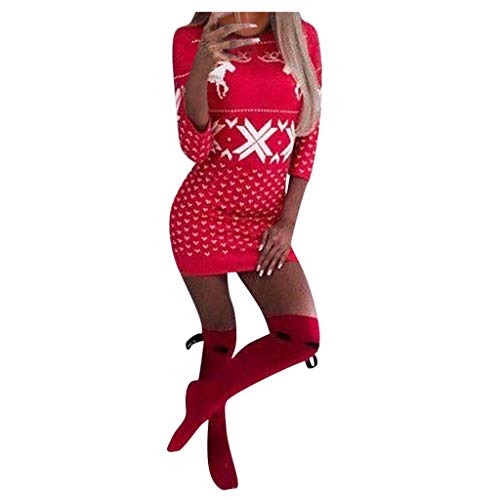 Generisch Vestido de Navidad para mujer, manga larga, suéter de Navidad, vestido de invierno, rojo, L