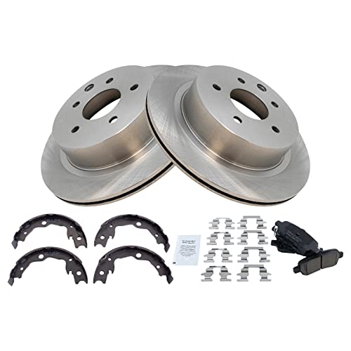 Image of TRQ Rear Brake Pad and Rotor Set Ceramic Parking Brake Shoes Compatible with 2011-2022 Nissan LEAF 2008-2013 Rogue 2014-2015 Rogue Select