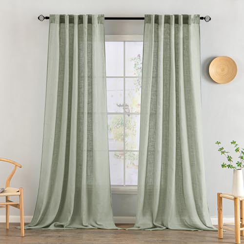 MIULEE Sage Linen Curtains 108 Inch Length 2 Panels for Bedroom Living Room,Green Soft Thick Linen Textured Window Drapes Semi Sheer Light Filtering Back Tab Rod Pocket Burlap Look Decor