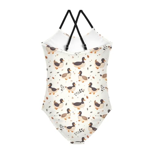 senya Girls Swimsuits One-Piece Swimwear Tie Bathing Suit Beach Summer Round Neck 7-8T Duck Leaves Pattern2