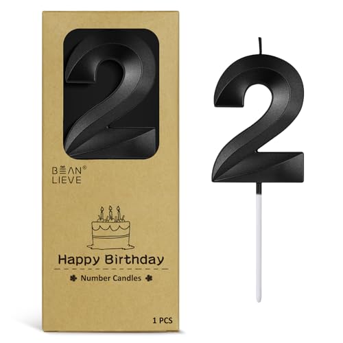 BEAN LIEVE 2.76 Inch Black Number Candle 2 - Elegant Diamond-Cut Number Birthday Candles,Birthday Cake Topper for Wedding, Anniversary, Birthday Party Decor