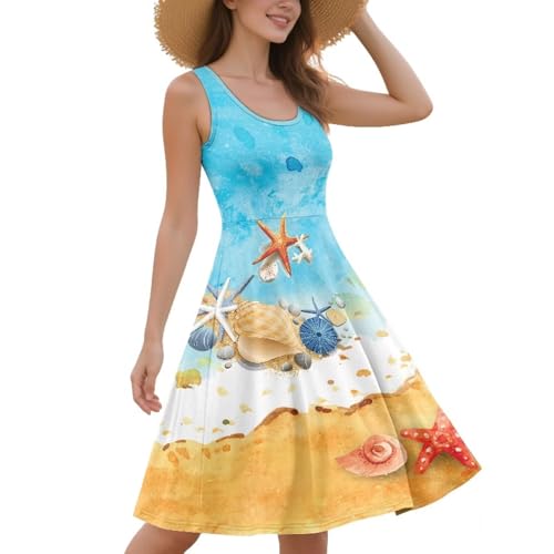Image of Women Stylish Tank Dresses Sleeveless Round Neck Midi Casual Dress with Pocket for Summer