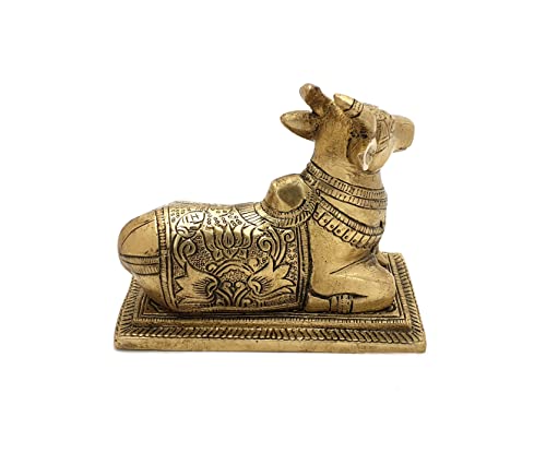 Two Moustaches Lotus Engraved 5 Inches Brass Nandi Cow Over Base, Brass Shiva Nandi Idol, Statue for Home/Temple, Shiva Bull, Standard, Pack of 1