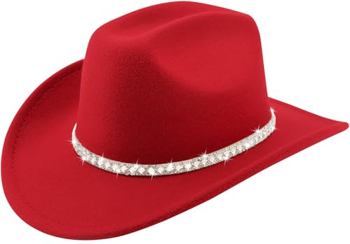 DRESHOW Western Cowboy Hat for Women and Men Wide Brim Glitter Cowboy Cowgirl Hat with Rhinestone Felt Fedora Hats Unisex Rolled up Caps