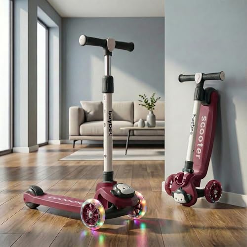 Image of Baybee Rovix Kick Scooter for Kids | Foldable Skate Scooter with 3 Height Adjustment Handle & LED Light Wheels | 3 Wheel Baby Scooter with Rear Brake | Kids Scooter for 2 to 10 Years Boy (RED /Black)