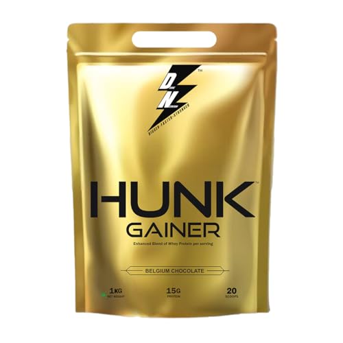 Image of Divine Nutrition HUNK GAINER | High-Calorie Mass Gainer with Protein, Carbs, and Vitamins for Muscle Growth | 1 KG (1 kg, Belgium Chocolate)