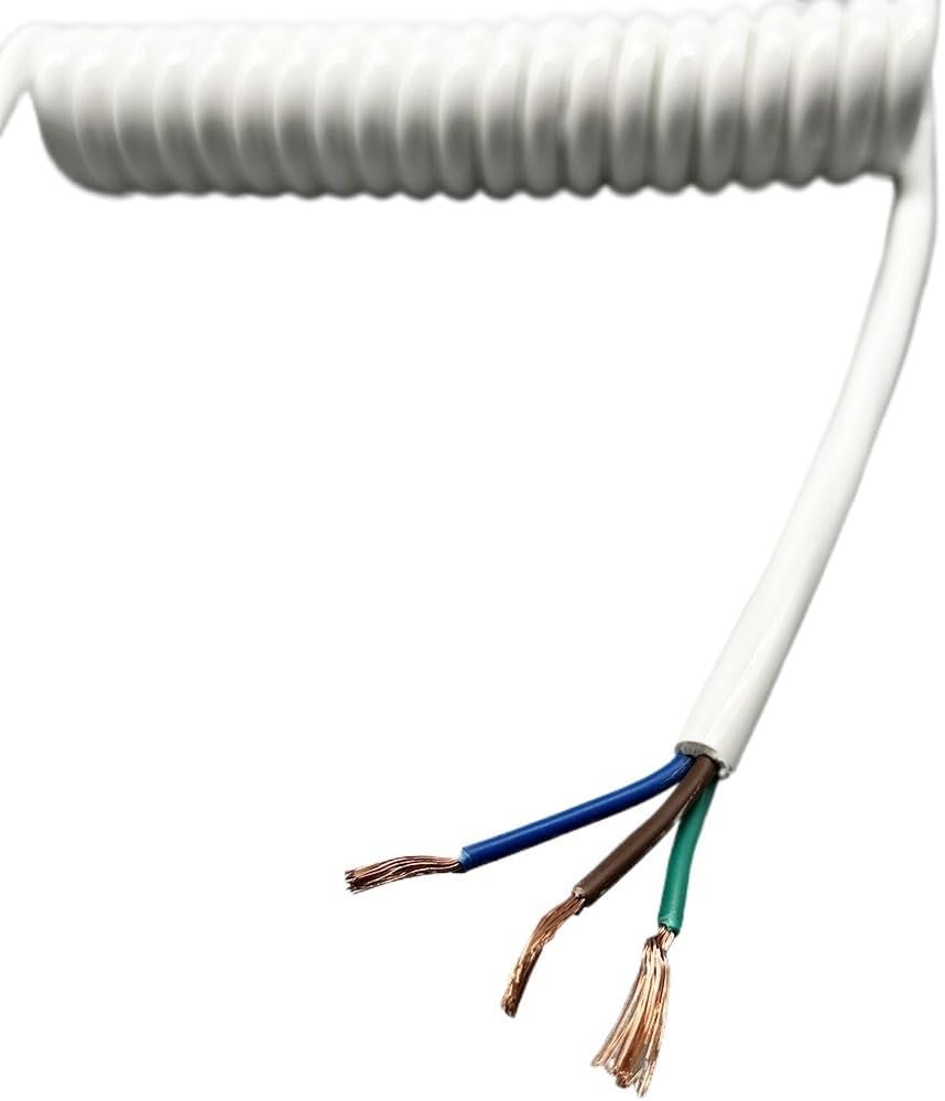 Retractable Spring Coiled Extension Cord ， 3 Cores 13AWG Power Telescopic Spiral Wire 2.5mm Square Spring White Cable Extension(Stretch 4 Meters)