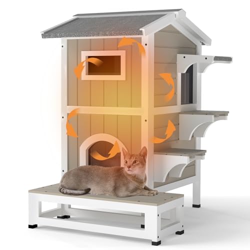 2-Story Insulated Outdoor Cat House,Weatherproof Feral Cat Shelter Clawsable Cat Houses with Insulated Cat Scratching Cloth,Balcony,Jump Platforms,Ope